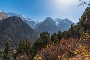 Mountain valley on a sunny autumn day. Autumn mountain landscape. Ala-Archa Natural Park.