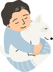 Child is hugging his puppy, bull terrier dog.