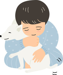 Child is hugging his puppy, toy dog. 