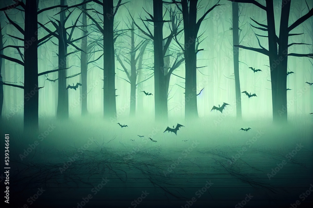 Aufkleber halloween background concept spooky forest volumetric fog with ghost shadow and many dead trees and 