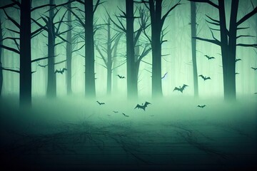 Obraz premium Halloween Background concept Spooky forest volumetric fog with ghost shadow and many dead trees and wooden table foreground.3d rendering