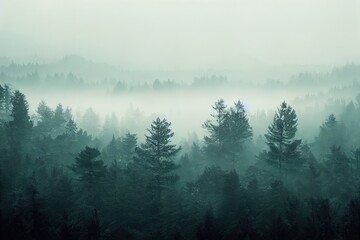 The pine forest in the valley in the morning is very foggy, the atmosphere looks scary. Dark tone and vintage image.. High quality Illustration