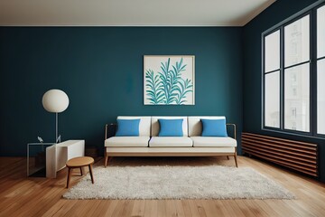 Room with Mid Century Elegant Sofa, Side Tables, Indoor Plant and Wooden Floors. Empty Walls with Fretwork Can be Used for Art and Print Mockups, Interior Scene and Wallpaper Mockup Needs 3D Rendering
