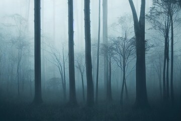 Fog in the forest. Dark forest. Trees silhouette. Rain forest. Rain season