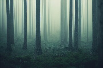 Obraz premium The pine forest in the valley in the morning is very foggy, the atmosphere looks scary. Dark tone and vintage image.. High quality Illustration