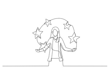 Illustration of five stars performance score by businesswoman. Metaphor for feedback and comments. Continuous line art style