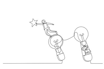 Cartoon of businesswoman on hot air balloons flying upwards to the star. Metaphor for creativity. Single line art style