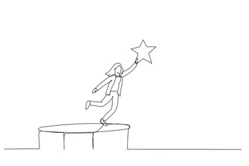 Cartoon of businesswoman bounce on trampoline jump flying high to grab star. Metaphor for achievement. Single line art style