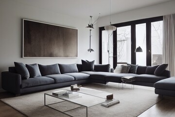Naklejka na ściany i meble Beautiful living room interior with comfortable gray sofa