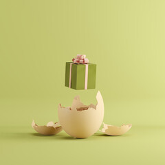 green Gift box with golden ribbon out of Egg on green background. 3D Render. Minimal Christmas idea concept. copy space.

