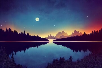 Night landscape, dark forest, river. Night sky, mountains. Reflection in the water of moonlight. Dark natural background. 3D illustration