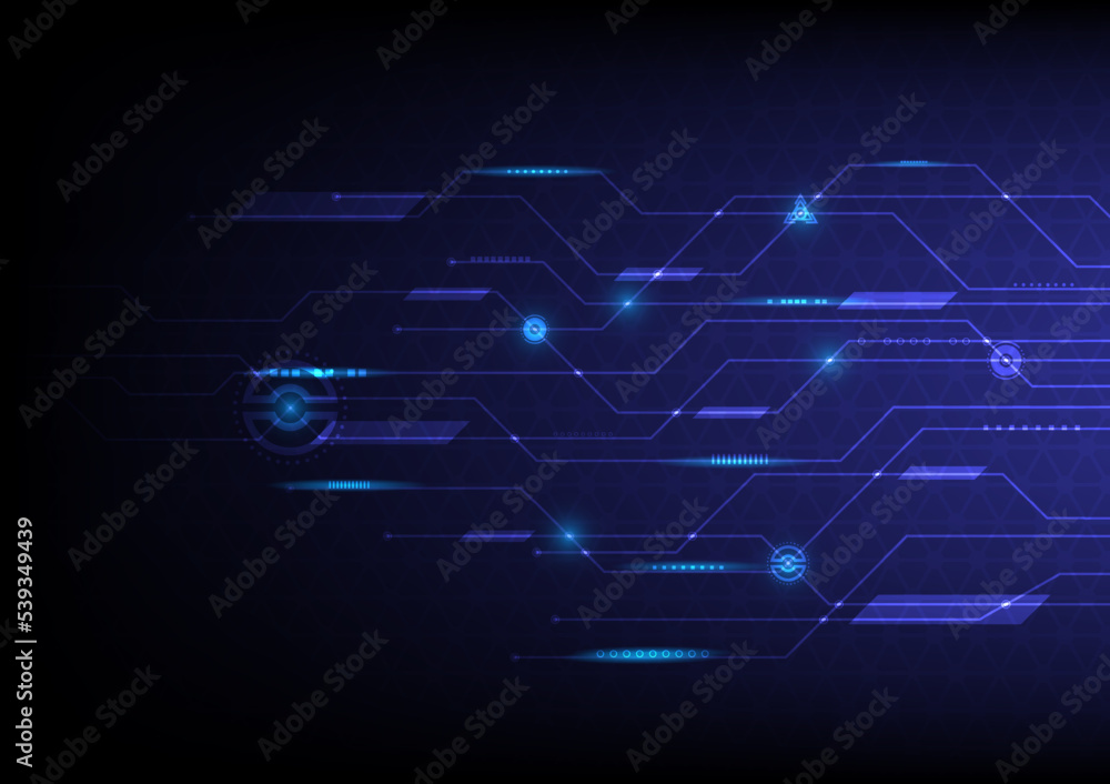 Poster tech line with many bright symbols connected to form a communication network on the net and blue bac