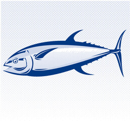 Illustration of a bluefin tuna fish viewed from side in retro woodcut style.