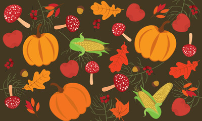 seamless pattern with autumn harvest pumpkin, mushroom, apple and corns