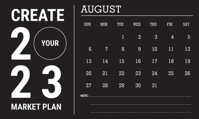 Vector illustration of 2023 calendar year. August 2023 calendar template. Black and white calendar design. Eps10 Vector 