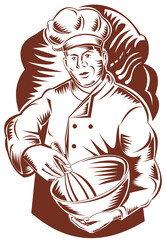 illustration of a chef, cook or baker done in retro woodcut style holding mixing bowl