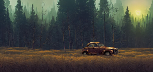 Obraz na płótnie Canvas Artistic concept painting of a old timer car in the forest, background illustration.