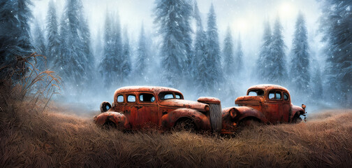 Obraz na płótnie Canvas Artistic concept painting of a old timer car in the forest, background illustration.