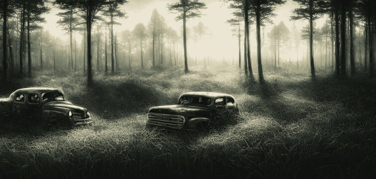 Artistic concept painting of a old timer car in the forest, background illustration.