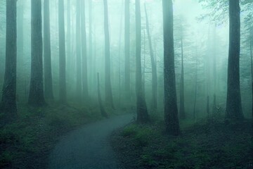 Fototapeta premium Dark trails through the mist in the forest