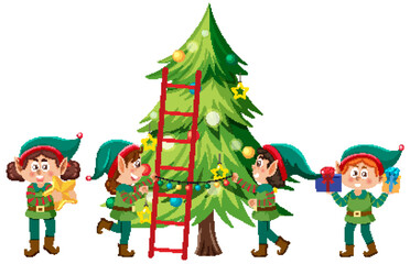 Obraz na płótnie Canvas Little elves with Christmas tree