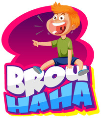 A boy laughing with brouhaha word lext
