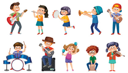Set of different kids playing music