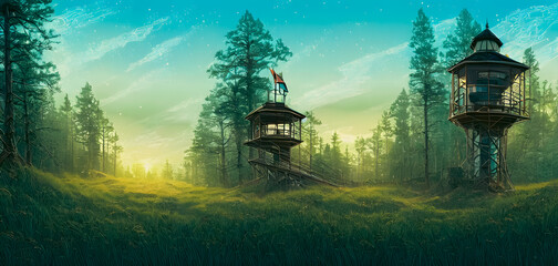Obraz premium Artistic concept painting of a watch tower on the landscape, background illustration.