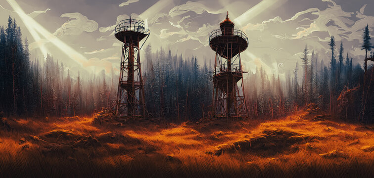Artistic concept painting of a watch tower on the landscape, background illustration.