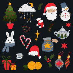 A set of doodle pictures on the theme of Christmas. Vector illustration