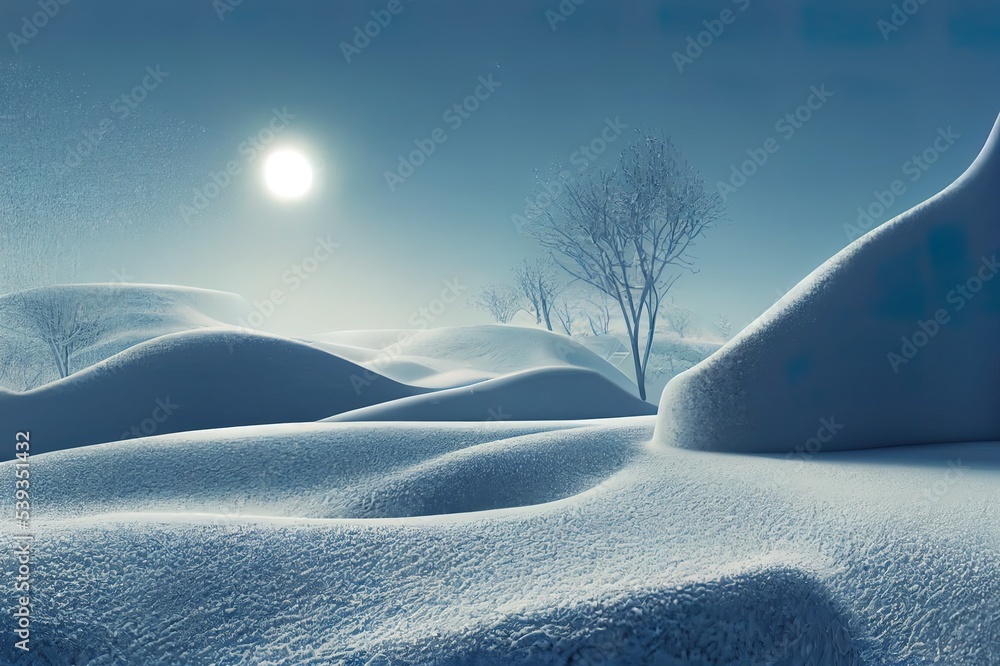 Poster abstract winter scene with geometrical forms, arch with a podium in natural light. minimal backgroun