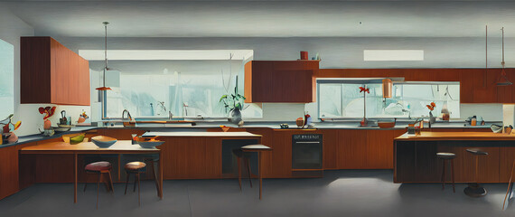 Artistic concept painting of a beautiful kitchen interior, background illustration.
