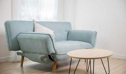 Real photo. Sofa in living room with windows minimal style, interior design of modern apartment and trendy furniture