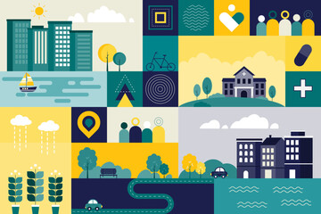 Lifestyle in the city landscape, health, and environment concept. Vector Illustration of geometric flat design with the simple cityscape.
