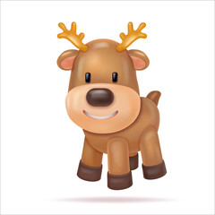 3d funny reindeer. Vector christmas cartoon realistic deer. Holiday funny banner. Illustration of animal toys.