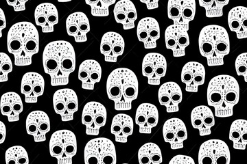 Obraz premium Hand drawn seamless 2d illustrated pattern with cute cat sugar skulls and flowers on black background. Perfect for fabric or wrapping paper.. High quality Illustration