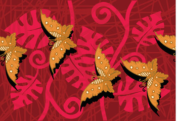 Indonesian batik motifs with very distinctive plant and butterfly patterns, vectors. EPS 10