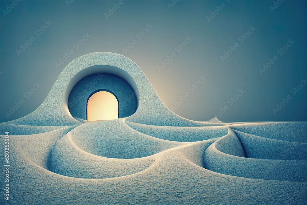 Poster abstract winter scene with geometrical forms, arch with a podium in natural light. minimal backgroun