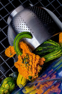 Autumn Gourdes in Metal Colander