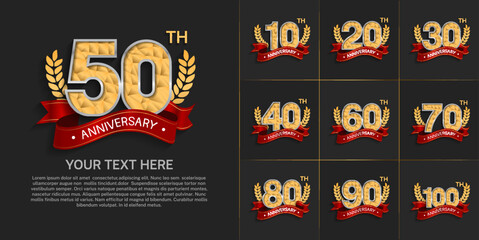 set of anniversary with golden color and vintage theme can be use for celebration event