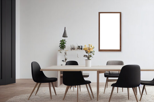 Stylish scandinavian dining room interior with mock up poster frame, wooden table, furniture, cupof coffee, flowers , cement fruits and elegant accessories. Ready to use. Template. Modern home decor.