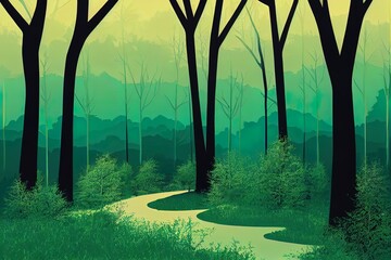 2d illustrated green forest landscape with trees and two deers