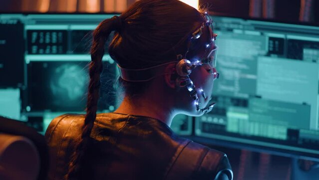 Girl works with multiple computer screen. Wearing a headset with LED lights programming on computer. Coding. Braided haired girl in cyberpunk style.