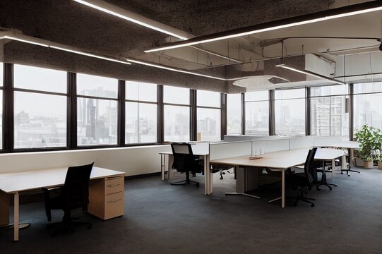 Modern Coworking Area Office Interior Empty No People Open Space Cabinet Room With Furniture Horizontal