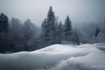 Obraz premium Dramatic winter landscape under fresh fallen snow on a cloudy morning day. High quality photo