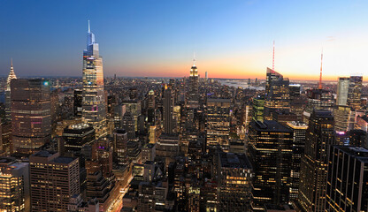 Aerial view of New York City skyline at dusk