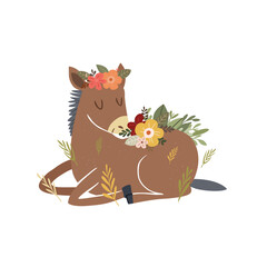 Happy horse holding a bouquet of flowers