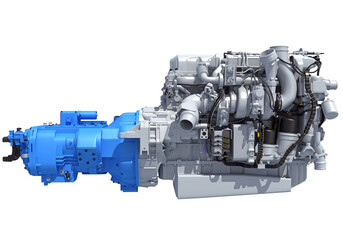 Powertrain truck engine with transmission 3D rendering on white background
