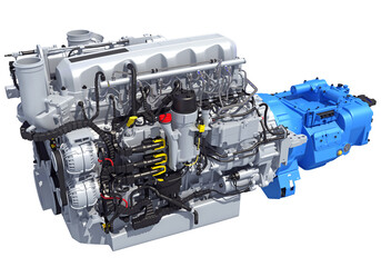 Powertrain truck engine with transmission 3D rendering on white background