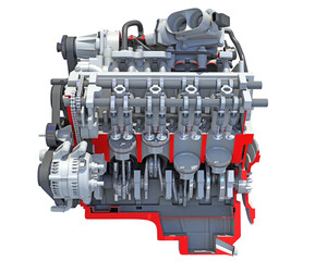 Cutaway V8 Engine section 3D rendering on white background